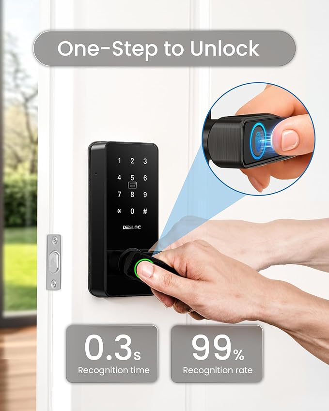DESLOC B200L Fingerprint Smart Lock with Handle, Keyless Entry Door Locks, App Control, Touchscreen Keypad, 100 PIN Codes, Auto-Lock, 12-Month Battery, Emergency Power Port, IP54 (Black)