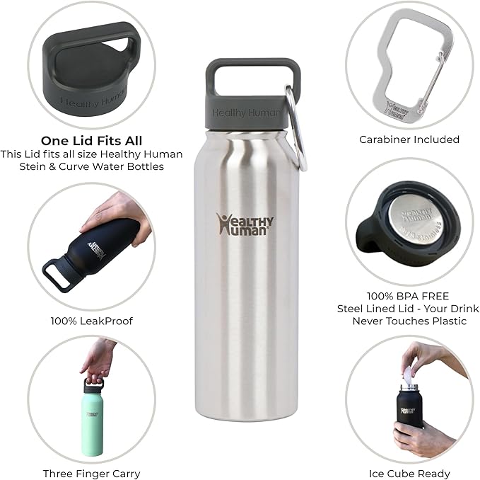 Healthy Human Stainless Steel Water Bottle | Double Walled Vacuum Insulated Water Thermos for Adults | Eco-Friendly Travel Bottles with Leak Proof Lid (Brushed Steel, 21 oz/ 621 ML)