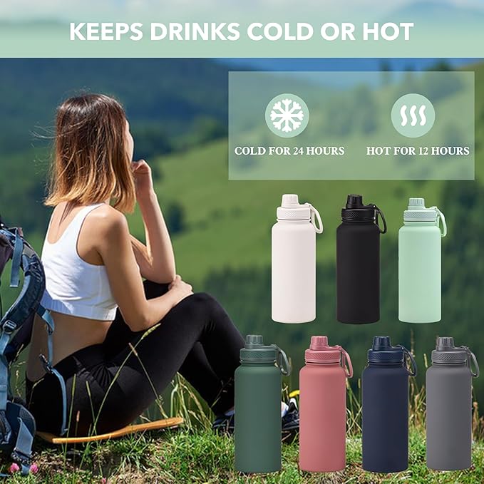 Smoky Pink 32 OZ Insulated Water Bottle, Large Metal Insulated Stainless Steel Water Flask, Big Sports Travel Water Bottle with 2 Lids, Insulated Thermos Thermal Mug Cup