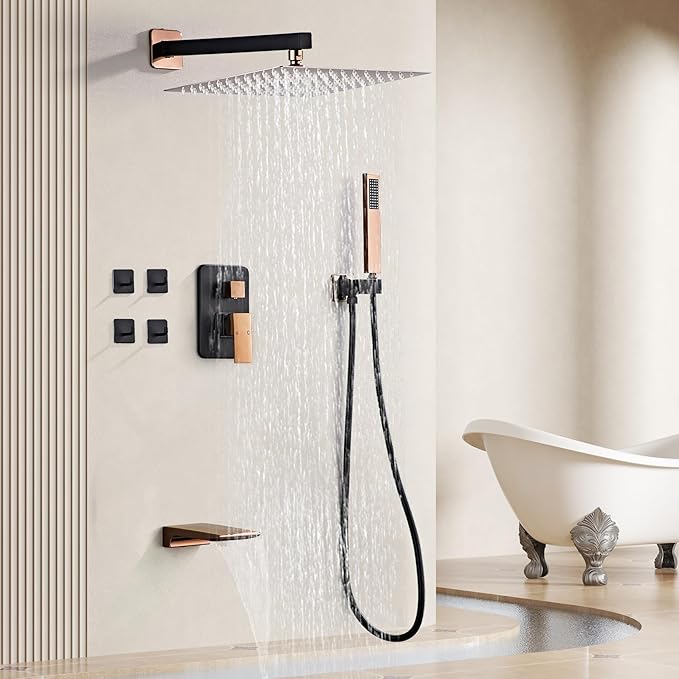 Shower Faucet Set Complete with Tub Spout Matte Black and Rose Gold Shower System with 10 inch Rainfall Shower Head and Handheld Shower Rain Shower Combo for Bathroom Wall Mounted