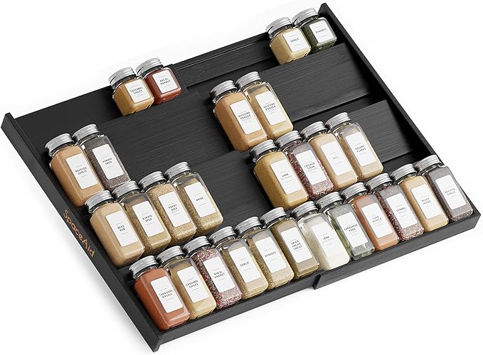SpaceAid Bamboo Black Spice Drawer Organizer, (Need 3" Deep Drawer) Expandable 4 Tier Spices Rack for Cabinet, Kitchen Seasoning Storage Insert (Jars Not Included, From 12" to 23" Wide)