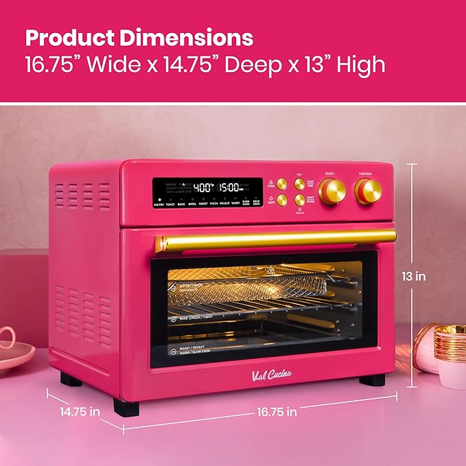 VAL CUCINA Limited Edition Happy Pink Infrared Heating Air Fryer Toaster Oven, Extra Large Countertop Convection Oven 10-in-1 Combo, 6-Slice Toast, Enamel Baking Pan Easy Clean with Recipe Book