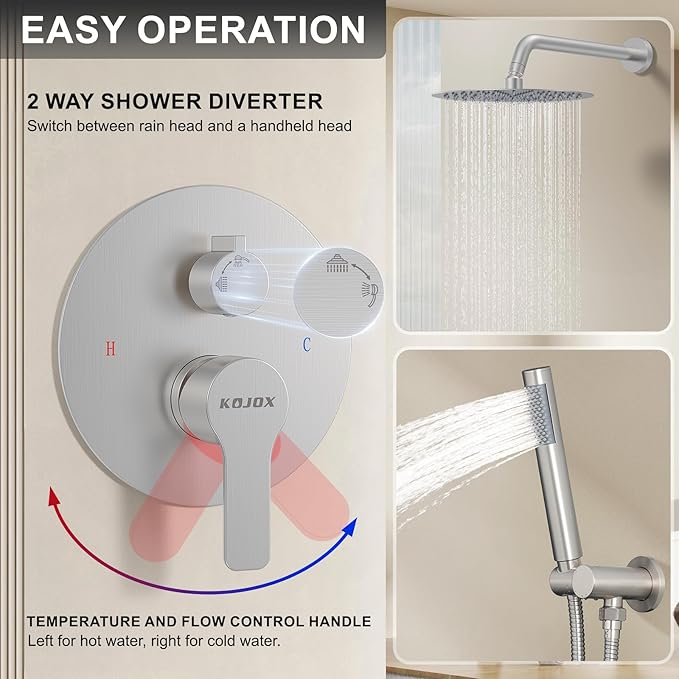 12-Inch Brushed Nickel Shower System: Ultimate High-Pressure Experience with Rainfall & Handheld Heads, Wall-Mounted Mixer, Rough-In Valve, & Trim Kit
