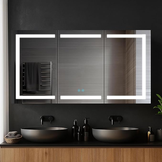 Blossom 60-Inch LED Lighted Mirror Medicine Cabinet | Recessed or Surface Mount Bathroom Cabinet | One Touch Built-in Defogger | Dimmer | Makeup Mirror | 3 Adjustable Glass Shelves