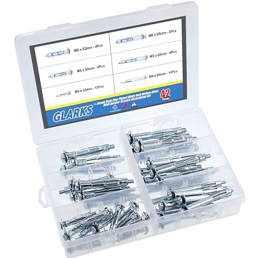 Glarks 42Pcs 6 Size Heavy Duty Zinc Plated Steel Molly Bolt Hollow Drive Wall Anchor Screws Assortment Kit for Drywall, Plaster and Tile