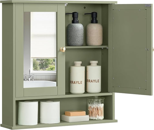 VASAGLE Bathroom Cabinet with Mirror, Wall Cabinet with 2 Mirrored Doors, Adjustable Shelf, Open Compartment, Wall-Mounted, 5.1 x 22.2 x 23 Inches, Sage Green ULHC002C02
