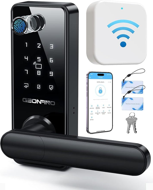 GEONFINO Smart Door Lock with Handle, 6-in-1 Fingerprint Keyless Entry Door Lock, Electronic Digital Deadbolt with Handle, Smart Lock Set Compatible with Alexa (Gateway Included)