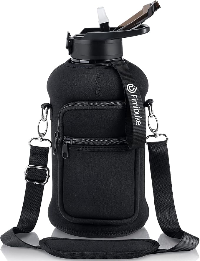 Fimibuke Half Gallon Water Bottle with Sleeve 64 OZ Water Bottle with Handle & Straw Leakproof Motivational Sports Gym Water Bottle with Time Marker BPA Free Water Jug with Reusable Neoprene Holder