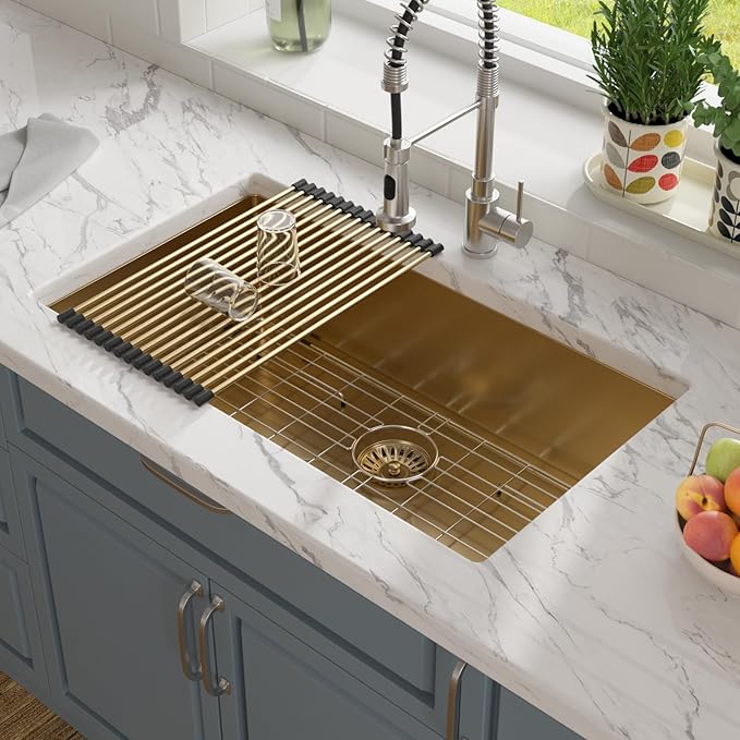 Lordear 32 Undermount Kitchen Sink Matte Gold 32X19 Kitchen Sinks16 Gauge Stainless Steel Deep Single Bowl Handmade Sink Basin