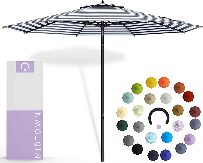 Midtown Umbrellas Push and Pop 10 Feet Outdoor Umbrella, Navy Stripes Polyester Fabric - Fiberglass Ribs Deck Patio Umbrella, Backyard Umbrella, Garden Umbrella & Pool Umbrella - Black Pole
