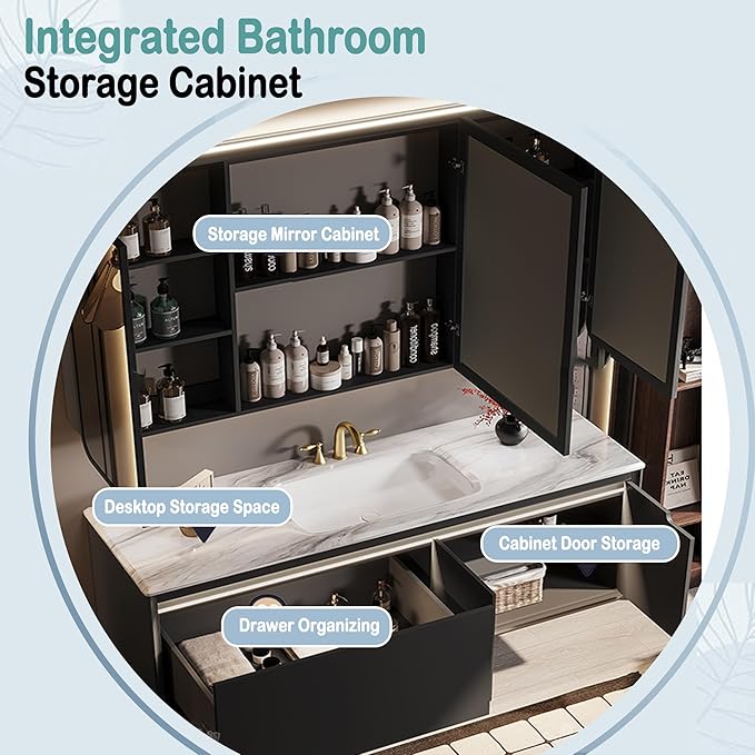 36IN Black Bathroom Vanity - Bathroom Vanity with Sink Featuring Infrared Body Sensor Lights & Smart LED Medicine Cabinet | Bathroom Cabinet with Door Panel Design & Ample Storage Space