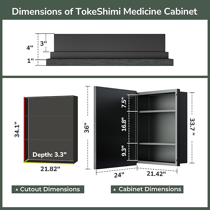 TokeShimi 24x36 Recessed Medicine Cabinet with Mirror Wall Mounted, Aluminum Alloy Black Mirrored Medicine Cabinet, Metal Beveled Mirror with Storage for Bathroom Vanity
