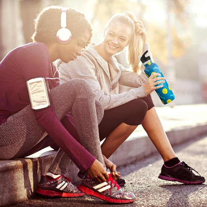 Pickleball Sport Water Bottle with Straw, Vacuum Insulated Stainless Steel Thermal Drinking Travel Mug Cups For Gym Fitness Camping-20oz/600ml