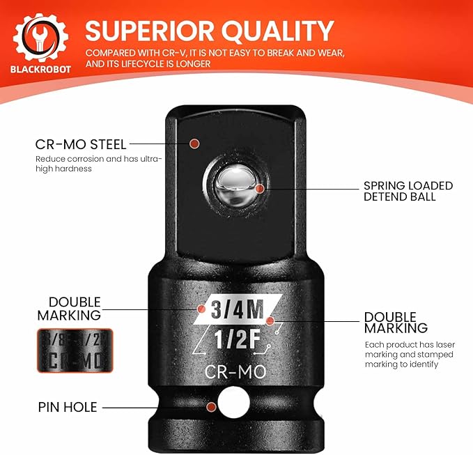 BLACKROBOT 1/2”F To 3/4”M Impact Socket Adapter, Cr-Mo Steel Exceeds ANSI Standards, Square Drive Reducer for Impact Driver Wrench