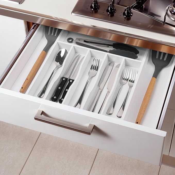 Large Premium Bamboo Silverware Organizer - Expandable Drawer Organizer & Utensil Organizer - 17"x19.7" Cutlery Tray with Dividers for Kitchen Utensils and Flatware (7-9 Slots) (White)