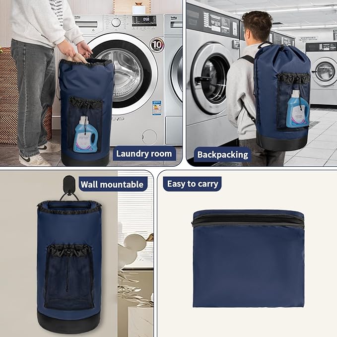 Laundry Bag Backpack with Shoulder Straps and Mesh Pocket Foldable Laundry Hamper for College, Apartment, Laundromat (Dark Blue)