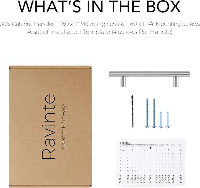 Ravinte 30 Pack | 6-3/10" Cabinet Pulls Brushed Nickel Stainless Steel Kitchen Cupboard Drawer Pulls Cabinet Handles 6-3/10 Inch Length，4 Inch Hole Center with Mounting