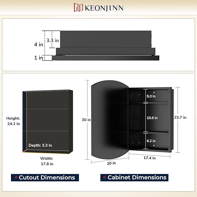 Keonjinn Black Medicine Cabinet with Mirror 20” x 30”, Metal Framed Wall Cabinet with Beveled Mirror, Surface Mount or Recessed Arched Medicine Cabinet for Bathroom,Bathroom Mirror with Storage