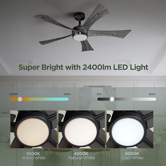 Ceiling Fan With Light Remote: 52 Inch Modern Bedroom Fans with Dimmable Tri-Color Temperatures LED - Water Transfer Printing 5 Blades