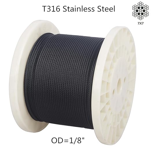 500ft 1/8" Black Wire Rope Cable, T316 Stainless Steel Marine Grade for Cable Railing, Stairs and Fences -Flexible 7 x 7 Strands Construction