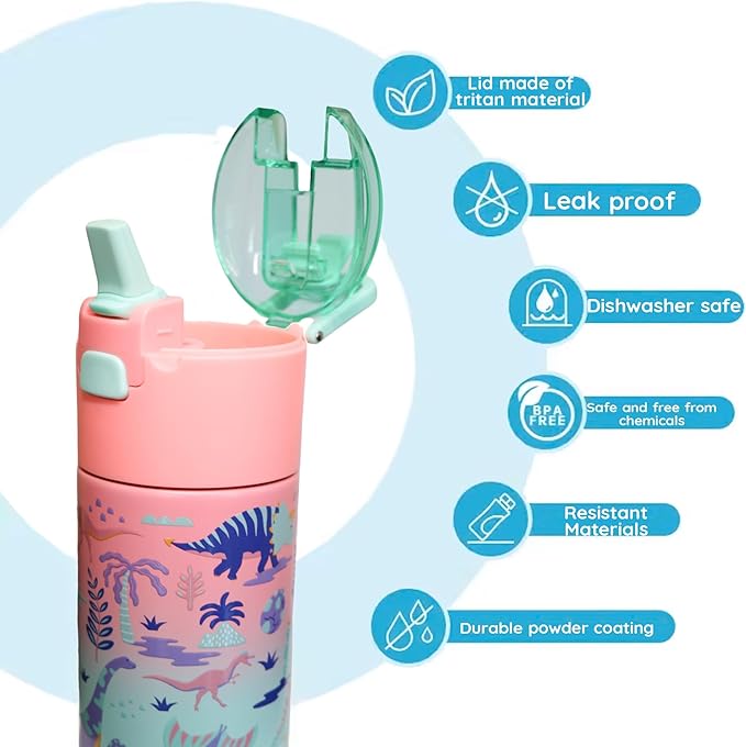 Kids insulated water bottle with straw and snack cup. Double wall stainless steel 14oz (lilac and turquoise bunnie)