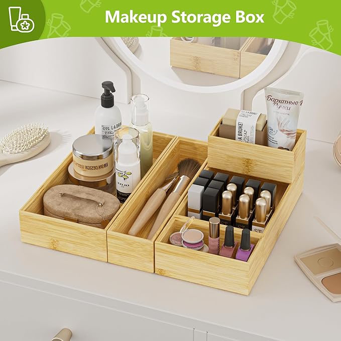 Silverware Bamboo Drawer Organizer Tray, 4 PCS Kitchen Drawer Organizer Storage for Utensil Cutlery, Bathroom, Office Desk, Makeup