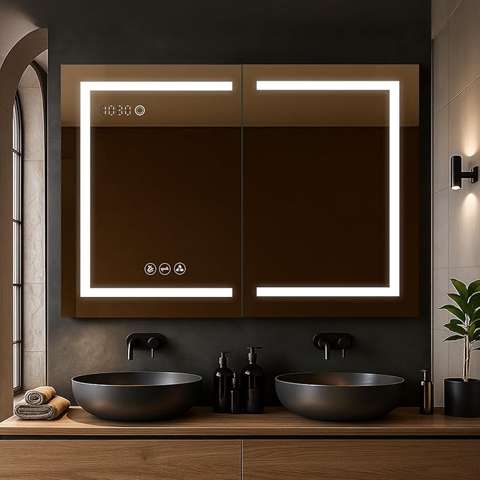 Blossom LED Mirror Medicine Cabinet with Lights, 48x32 Inch | Lighted Bathroom Mirror Medicine Cabinet with Defogger | Recessed or Surface 3X Makeup Mirror, 3 Color Dimmer, Outlets & USB | A2(M)-48