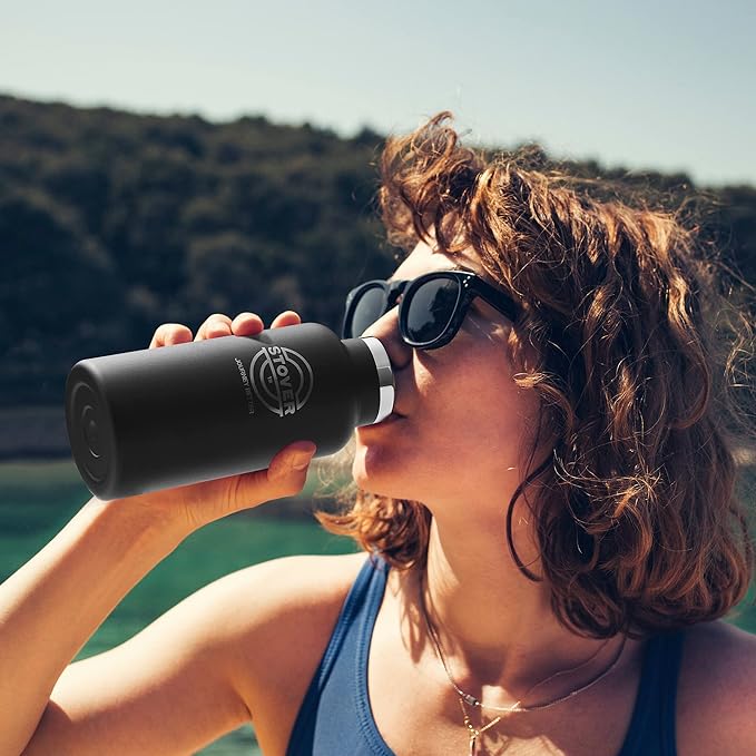 STOVER Insulated Water Bottle, 16oz Stainless Steel Double Wall Vacuum Wide Mouth Leakproof Twist Lid, Ideal for Sports, Travel & Daily Use (Black)