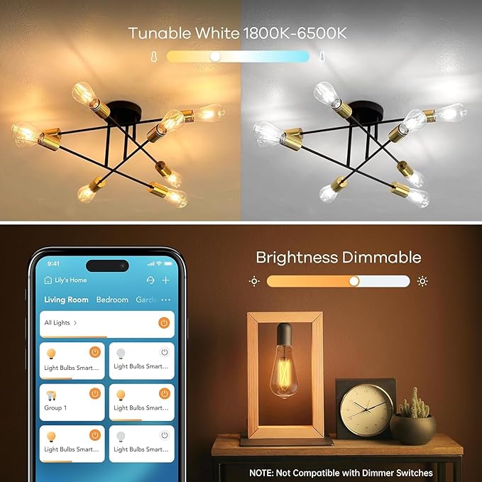 Linkind Matter Smart Light Bulb, ST19 (ST58) Smart Edison Bulbs, 2700K-6500K E26 LED Bulb 8W 60W, 800LM Edison Light Bulb, Work with Alexa, Google Home, Apple Home, SmartThings, 2.4GHz WiFi, 4-Pack