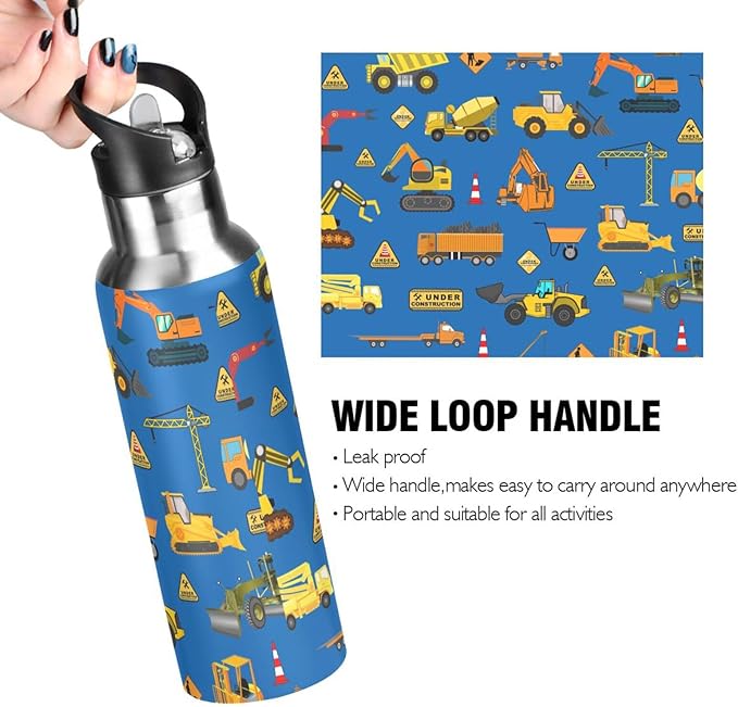 Construction Stainless Steel Water Bottle with Straw Lid - 20 Oz Sports Insulated Water Bottle Thermos for Sport Gym Outdoor Travel School