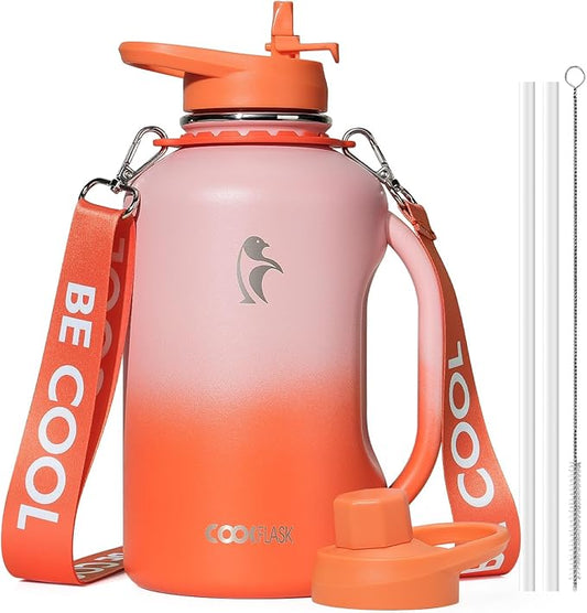 64oz Insulated Water Bottle, Coolflask Half Gallon Water Jug With Handle Straw Stainless Steel Double-Walled Vacuum Metal Large Flask With Strap Bpa-Free Leakproof, Keep Cold 48 Hrs, Sunny Orange