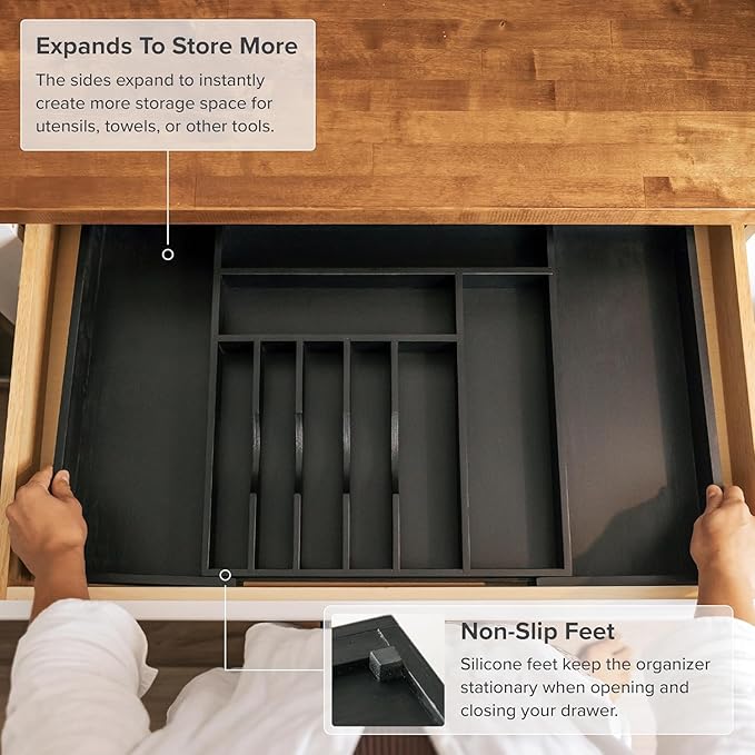 KitchenEdge Premium Silverware, Flatware and Utensil Organizer for Kitchen Drawers, Food-Safe Contract Grade, Expandable from 16 to 28 In, Black Bamboo