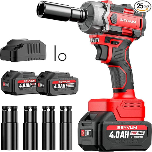 SEYVUM Cordless Impact Wrench, 1/2” Max Torque 440 Ft-lbs / 600 N.m Power Impact Gun, 20V 3000RPM Electric Impact Driver, 2 x 4.0Ah Battery, 4 Impact Sockets, Carry Bag Included