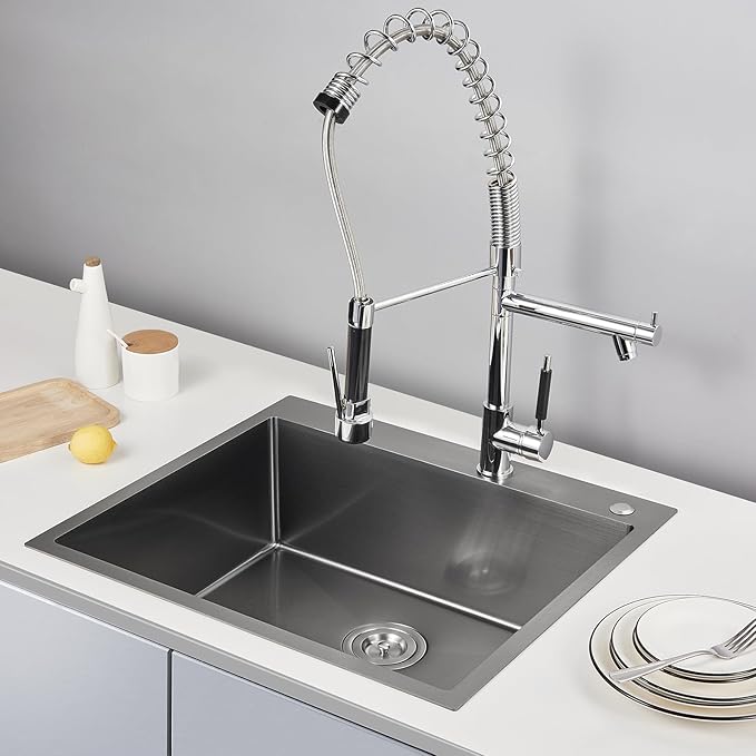 POPFLY 25x22 Inch Drop In Black Kitchen Sink, 25 Inch Top Mount 9 Inch Deep Single Bowl Laundry Utility Stainless Steel Outdoor Sink