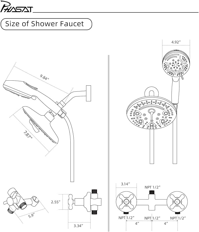 PHASAT 2 Handle Shower Faucet With Handheld Shower Head,Dual 2 in 1 Showerhead Kit,Shower Head & Handheld Spray Shower Combo Set,Tub and Shower Trim Kit With Rough-in Valve,Matte Black,PU4H08