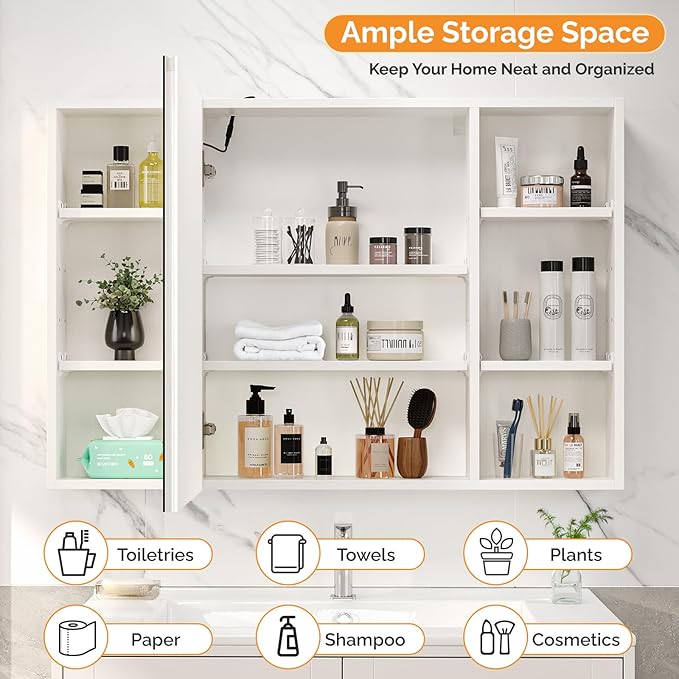 VINGLI 36Inch Medicine Cabinet with Lights, Lighted Medicine Cabinet with Mirror, Bathroom Vanity Mirror with Storage,Wall Mounted Anti-Fog Dimmable Light and Color Adjustment,5.9" D x 36" W x 24" H