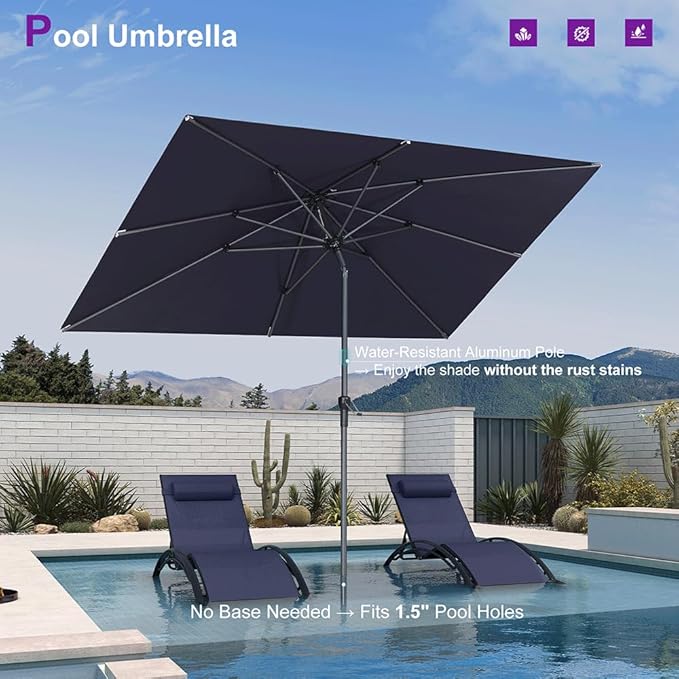 PURPLE LEAF 9' x 6' Rectangular Patio Umbrella Outdoor Table Umbrella Aluminum Frame Market Umbrella Sun Umbrella with 8 Sturdy Ribs Tilt for Garden Deck Lawn Pool Navy Blue