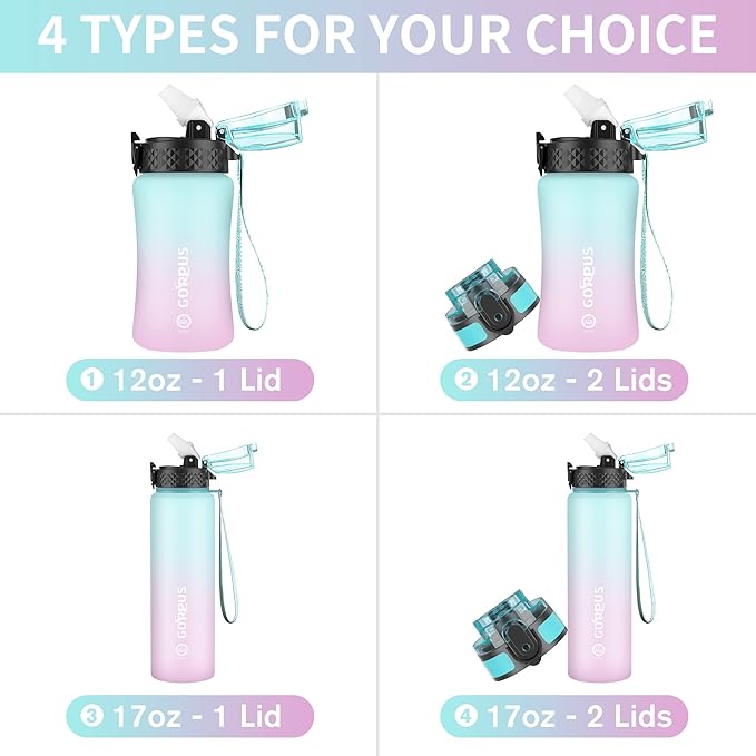 GOPPUS Kids Water Bottle with Straw Spout Lid 10pcs Stickers 12 oz Leak-proof BPA Free Motivational Time Marker Tritan Plastic Water Bottles for Girls Boys School Sports