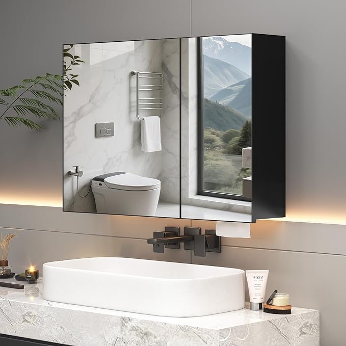 24 x 35.4 inch Bathroom Medicine Cabinet with Mirror, Black Metal Framed Mirror Medicine Cabinet with Storage, Pre-Assemble Medicine Cabinets for Bathroom, Recessed or Surface Mount