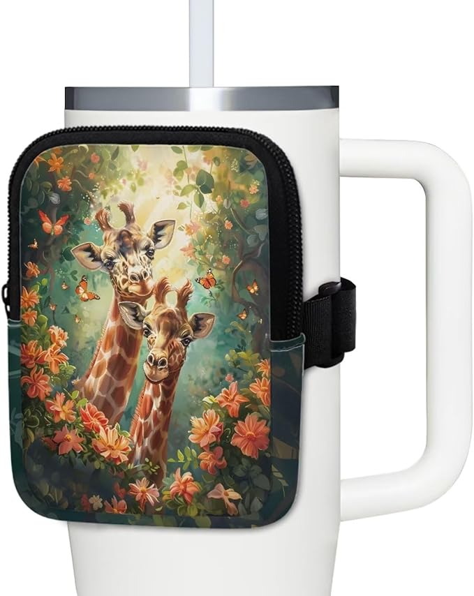 Giraffe Stanley Cup Pouch with Adjustable Strap Water Bottle Storage Bag 40oz IceFlow Tumbler Pouch for Stanley Accessories Flower
