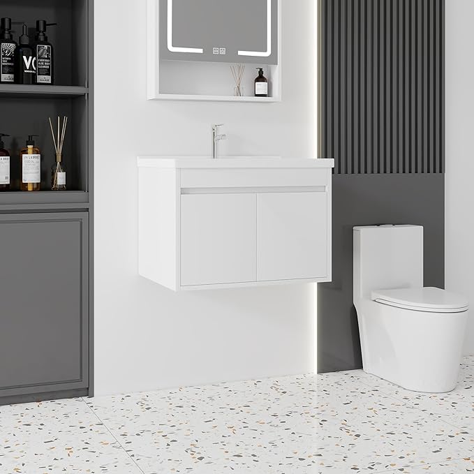 28'' Bathroom Vanity with Ceramic Sink Combo, Wall Mounted Small Bathroom Vanity with Soft-Close Door Modern Floating Cabinet, Pop-up Drain, P-Trap Included, White(No Faucet)