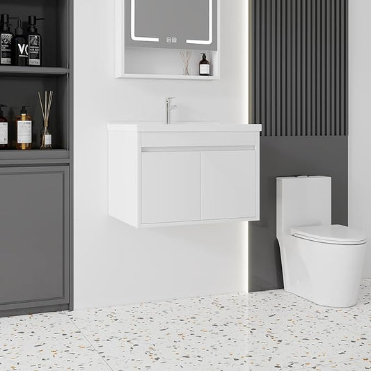 28'' Bathroom Vanity with Ceramic Sink Combo, Wall Mounted Small Bathroom Vanity with Soft-Close Door Modern Floating Cabinet, Pop-up Drain, P-Trap Included, White(No Faucet)