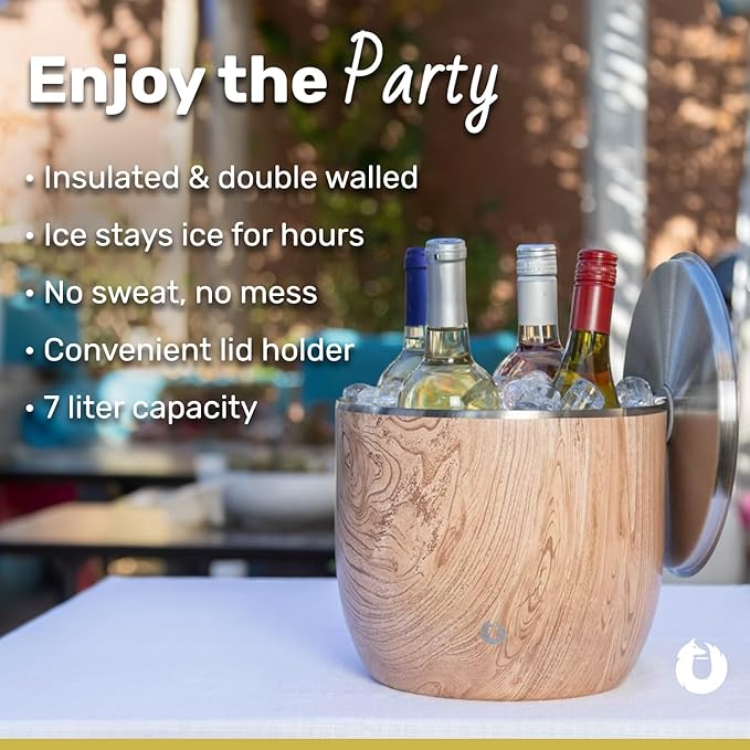 SNOWFOX XL Premium Vacuum Insulated Double Wall Stainless Steel Ice Bucket with Lid/Scoop,Bar Accessories,Large Elegant Party Bucket,Chills Several Bottles,Beautiful Entertaining Supplies,7 Liter,Gold