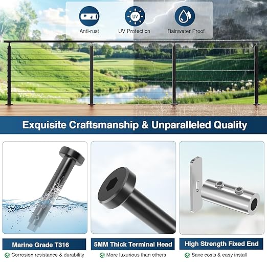 [Patent] Gyykzz Black Swageless Invisible Cable Railing Kit, T316 Stainless Steel Reusable 10PCS Tensioner & 11PCS Fixed End, Screw-Locking Hardware No Crimping Fit for 2"x2" Metal Railing Post System