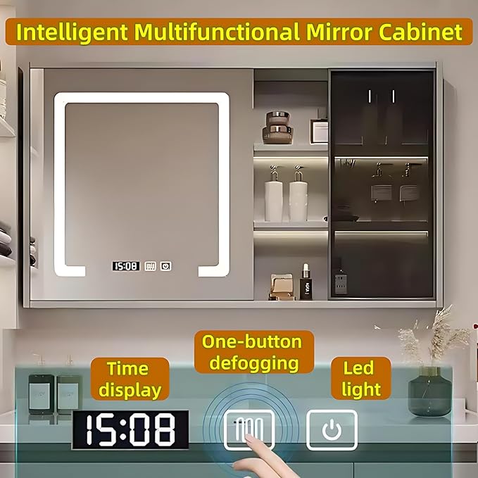 40in Elegant Bathroom Vanity with Sinks - Wall-Mounted Cream Medicine Cabinet for Bathroom, Featuring an Intelligent Defogging Mirror & LED Lighting | 2 Drawers