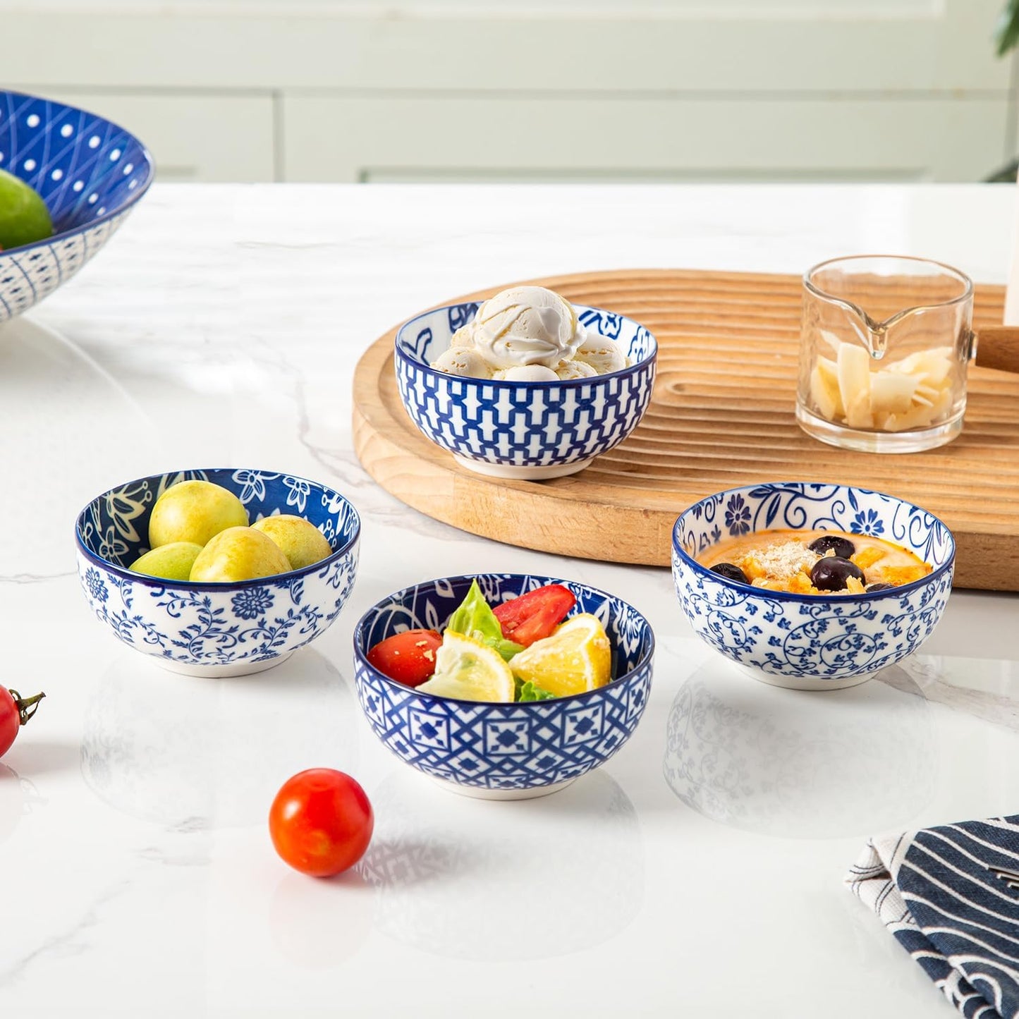 Ceramic Dipping Bowls Set - 4 Oz Small Dessert Bowl 3.5 Inch Porcelain Small Bowls for Side Dishes, Snack, Yogurt, Appetizer - Microwave Dishwasher Safe - Set of 6 - Vintage Blue