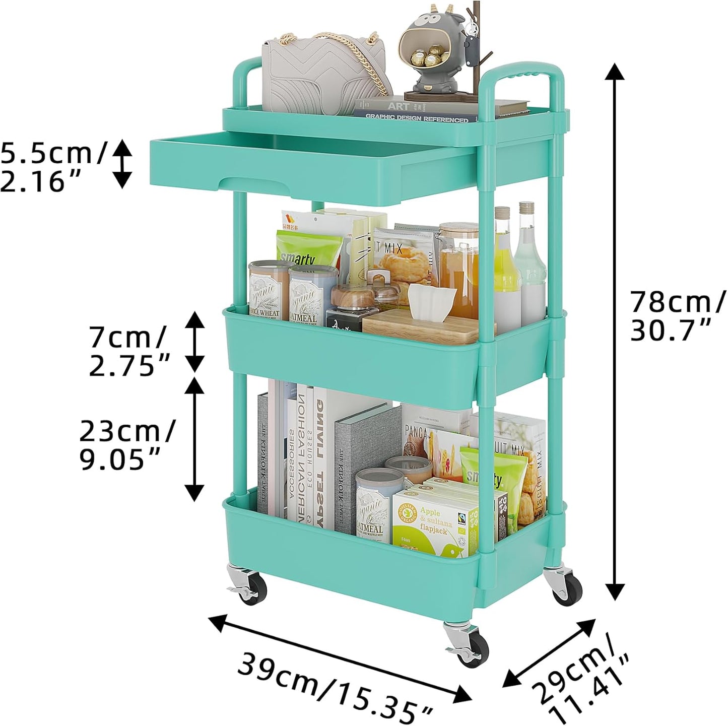 Calmootey 3-Tier Rolling Utility Cart with Drawer,Multifunctional Storage Organizer with Plastic Shelf & Metal Wheel,Storage Cart for Kitchen,Bathroom,Living Room,Office,Green
