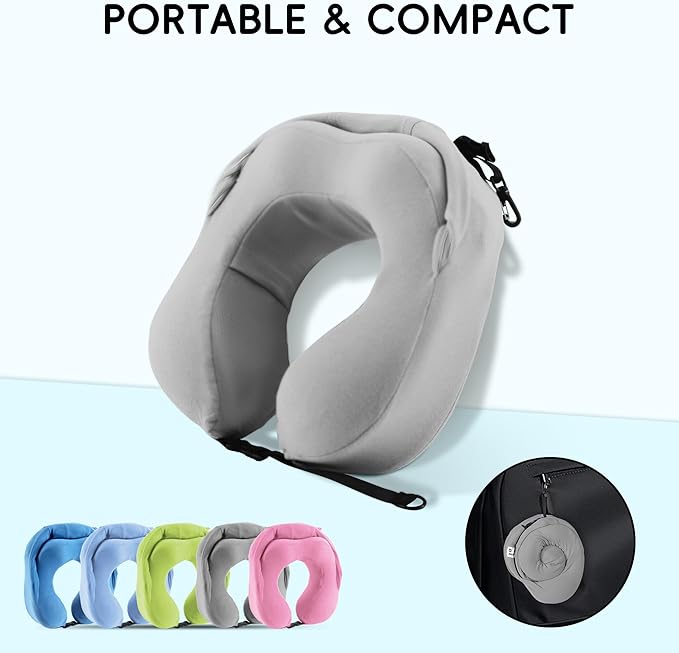 Travel Pillow with Hood for Airplane, 100% Pure Memory Foam Hooded Neck Pillow for Traveling, Car, Office, Soft, Machine Washable, Easy Storage, Gray