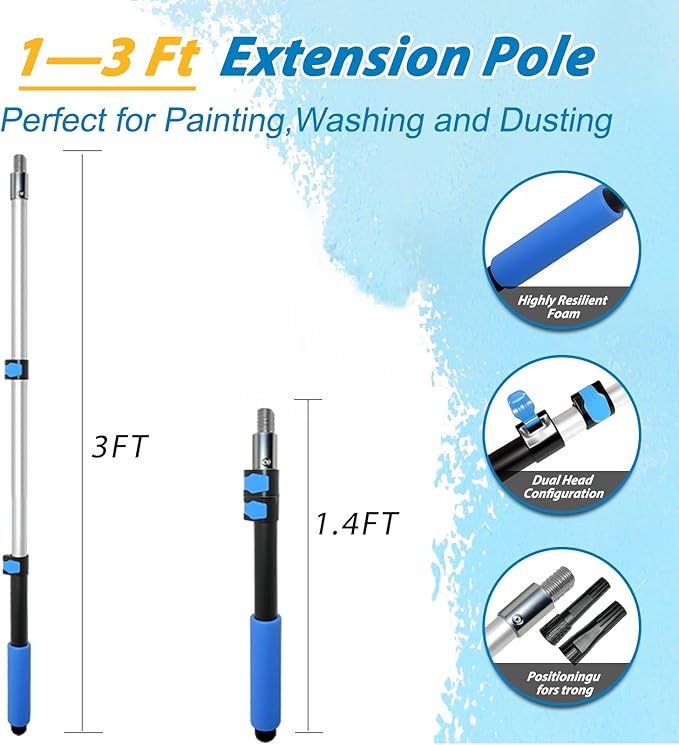 Paint Roller Extension Pole - 28PCS 3FT Telescoping Paint Roller Kit, Wall Painting Naps for Professionals with Brush Microfiber Roller Cover for House Wall