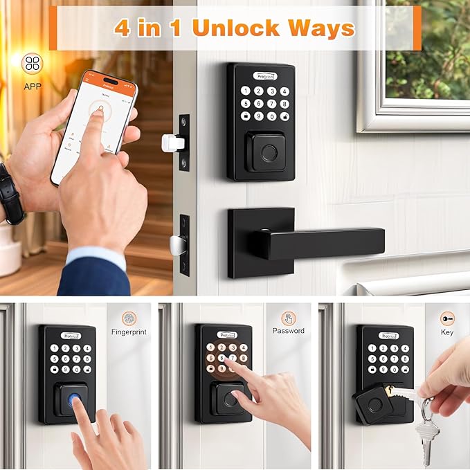 Probrico Keyless Entry Door Lock with Handle, Smart Locks for Front Door, Black Keypad Door Lock with Handle Fingerprint Lock, Electronic Keypad Deadbolt Lever, App Control, Auto Lock